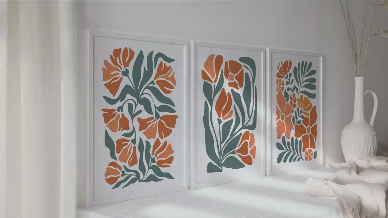 Boho floral set of 3 print. Light Terracotta minimalist botanical mid century gallery wall set