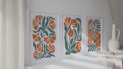 Boho floral set of 3 print. Light Terracotta minimalist botanical mid century gallery wall set