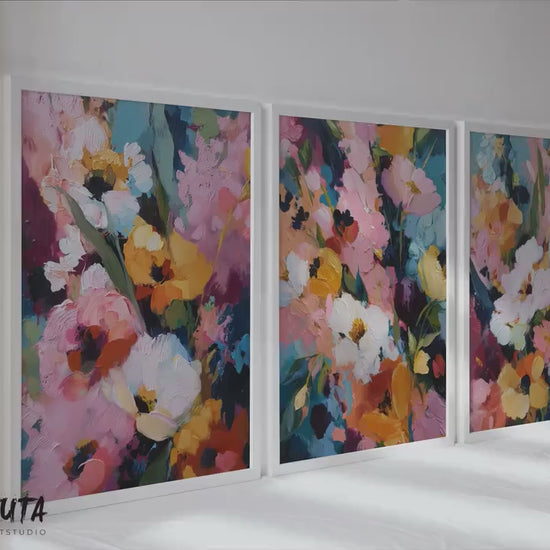 Abstract Floral Triptych Wall Art Set of 3 | Colorful Modern Flower Paintings | Contemporary Botanical Artwork