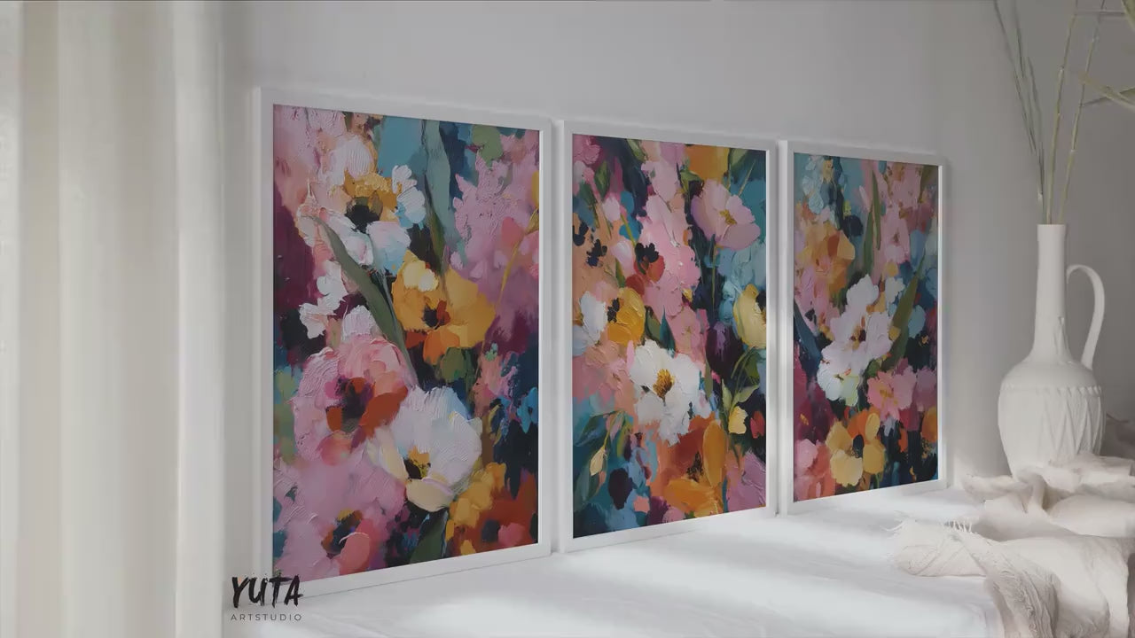 Abstract Floral Triptych Wall Art Set of 3 | Colorful Modern Flower Paintings | Contemporary Botanical Artwork