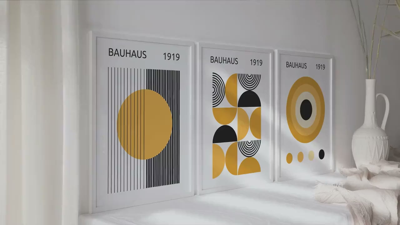 Bauhaus Art Prints Set of 3: Mustard Yellow Mid-Century Modern Posters