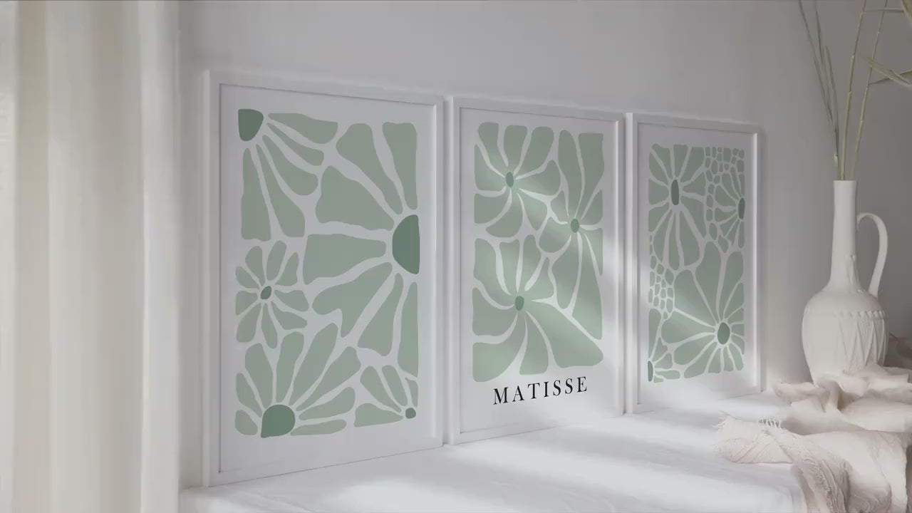 Neutral Sage Green Matisse Flower Set of 3 Print. Minimalist Floral Mid Century Gallery Wall Set