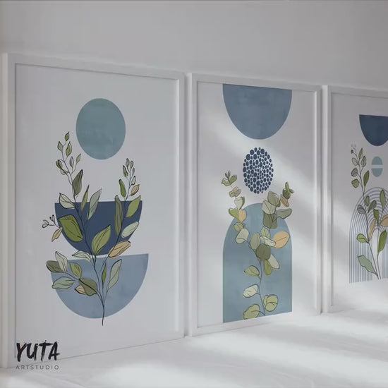 Blue Boho Botanical Print Set: Scandinavian Geometric Wall Art