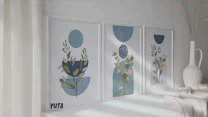 Blue Boho Botanical Print Set: Scandinavian Geometric Wall Art