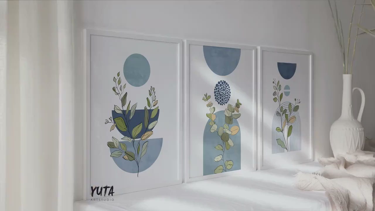 Blue Boho Botanical Print Set: Scandinavian Geometric Wall Art