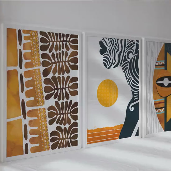 Abstract african wall art set of 3 prints. Modern black woman portrait.