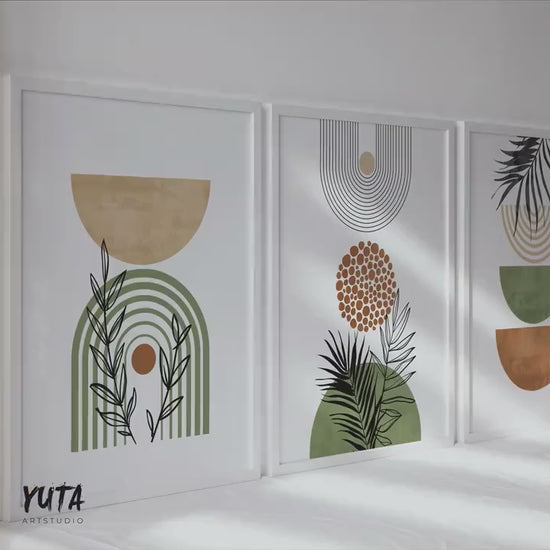 Terracotta green boho wall art set of 3 prints. Earthy minimalist wall art poster. Boho tropial leavesartwork