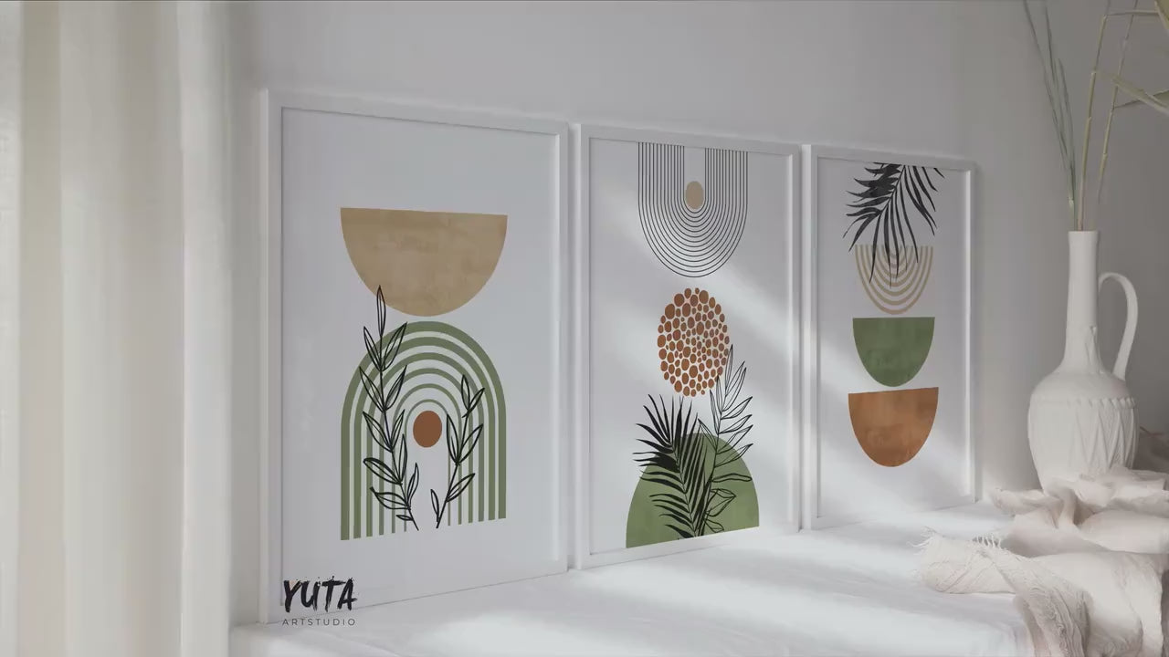 Terracotta green boho wall art set of 3 prints. Earthy minimalist wall art poster. Boho tropial leavesartwork