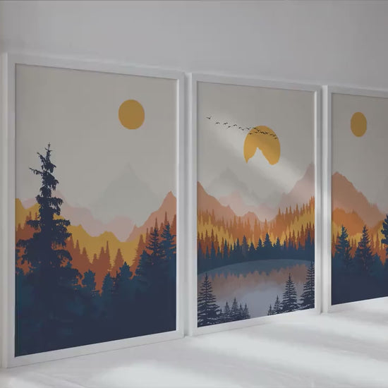 Mountain wall art set of 3 print. Modern terracotta navy blue nature large wall art posters
