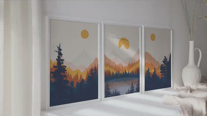 Mountain wall art set of 3 print. Modern terracotta navy blue nature large wall art posters