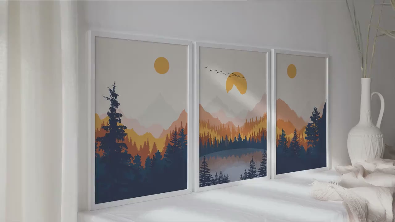 Mountain wall art set of 3 print. Modern terracotta navy blue nature large wall art posters