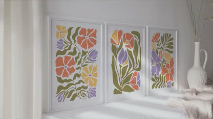 Matisse style floral set of 3 print. Light colorful minimalist botanical mid century gallery wall set