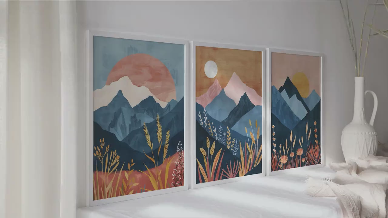 Colorful boho mountains wall art set of 3 print
