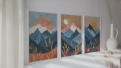 Colorful boho mountains wall art set of 3 print