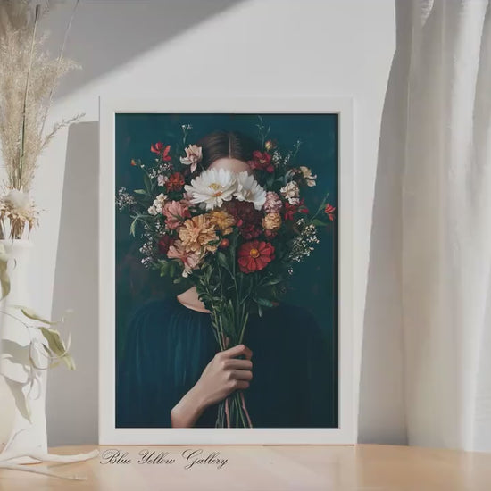 Abstract Woman with Flowers Print, Navy blue Vintage Female Portrait Painting, People Figurative Art, Abstract Floral Eclectic Print