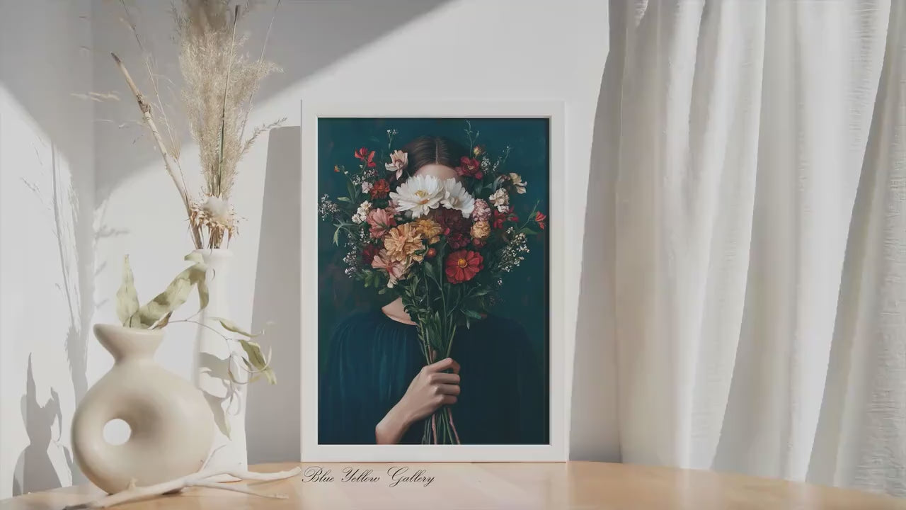 Abstract Woman with Flowers Print, Navy blue Vintage Female Portrait Painting, People Figurative Art, Abstract Floral Eclectic Print
