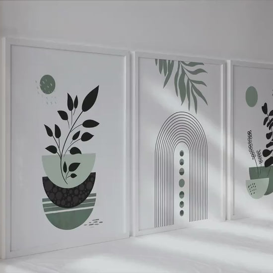 Sage green boho wall art set of 3 print. Mid century modern minimalist wall art. Botanical gallery wall set for bedroom nature wall decor