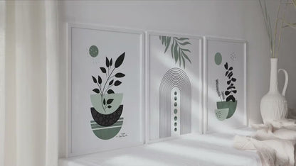 Sage green boho wall art set of 3 print. Mid century modern minimalist wall art. Botanical gallery wall set for bedroom nature wall decor