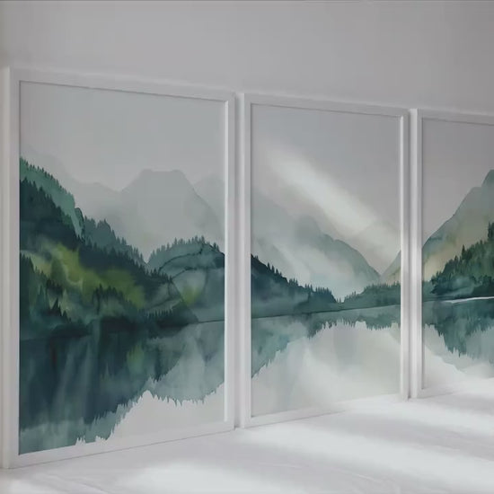 Modern minimalist mountain gallery wall set of 3 print. Nordic wall art emerald green nature landscape painting