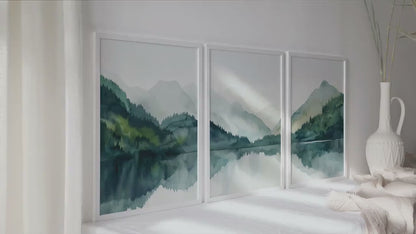 Modern minimalist mountain gallery wall set of 3 print. Nordic wall art emerald green nature landscape painting