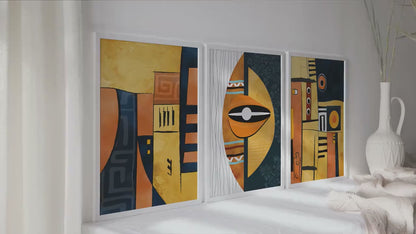 African wall art set of 3 print. Abstract ethnic gallery wall set. Modern colorful above bed posters