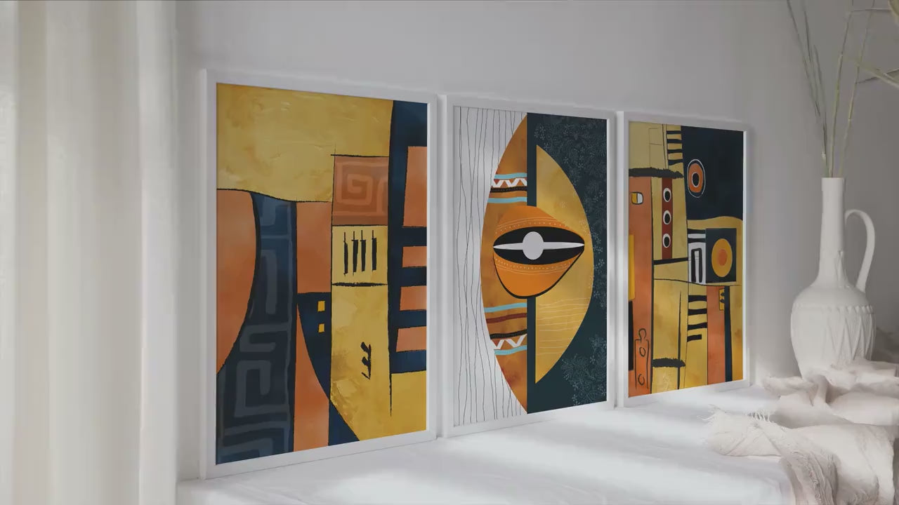 African wall art set of 3 print. Abstract ethnic gallery wall set. Modern colorful above bed posters