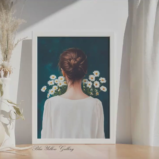 Vintage Abstract Woman Print, Navy Blue Figurative Portrait With Daisies, Modern Eclectic Feminine Floral Wall Art