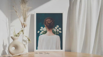 Vintage Abstract Woman Print, Navy Blue Figurative Portrait With Daisies, Modern Eclectic Feminine Floral Wall Art
