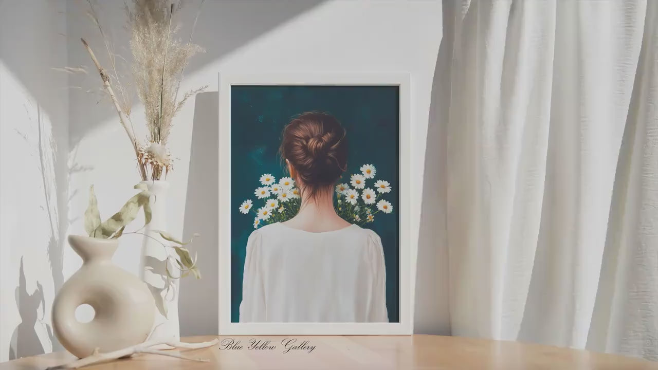 Vintage Abstract Woman Print, Navy Blue Figurative Portrait With Daisies, Modern Eclectic Feminine Floral Wall Art