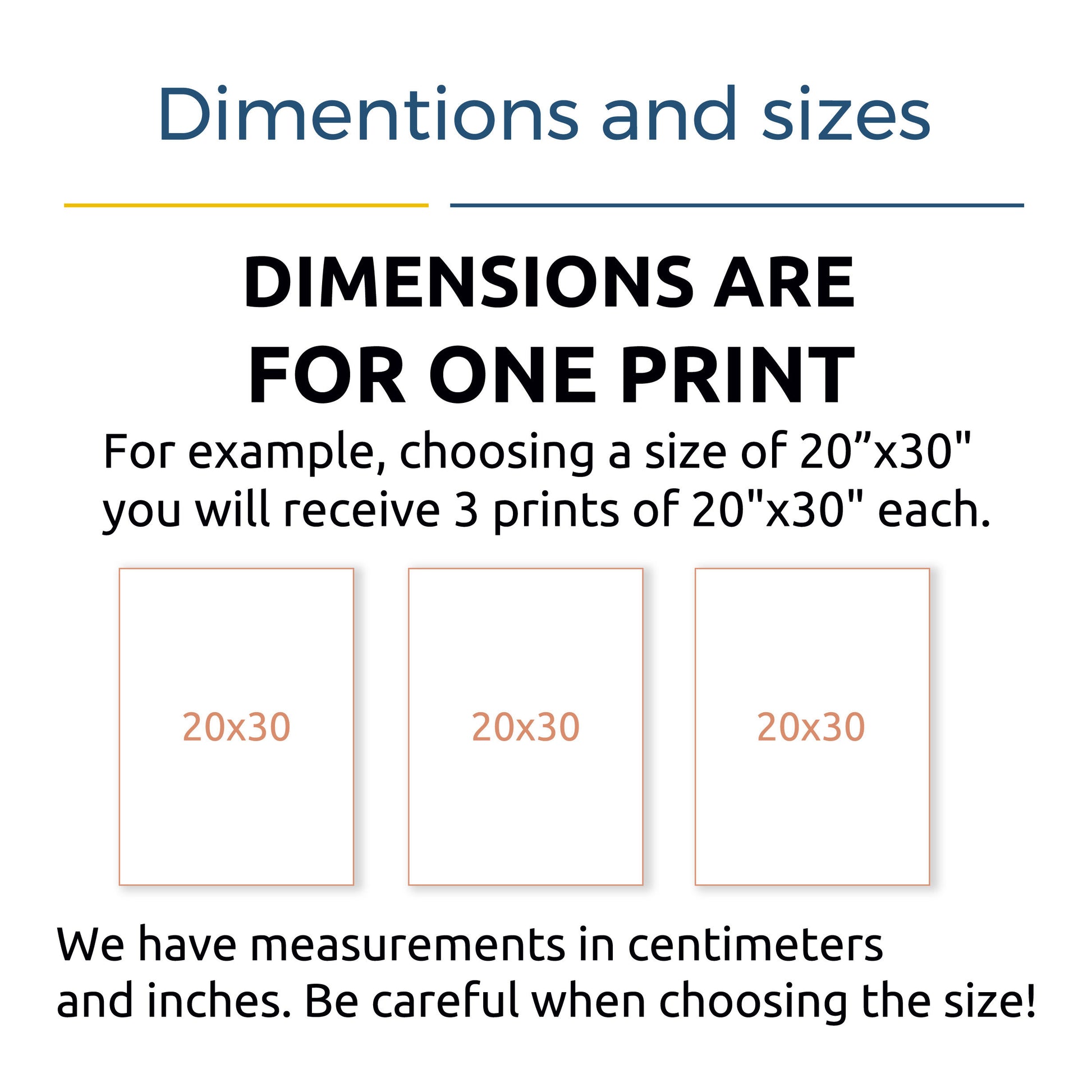 Wall art print size guide showing three 20x30 inch prints with sizing notes.