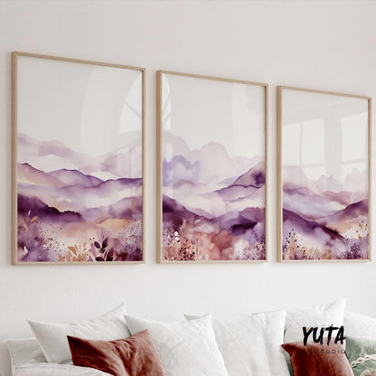 Purple watercolor mountain wall art set featuring misty landscape layers, soft lavender tones and serene nature scenery