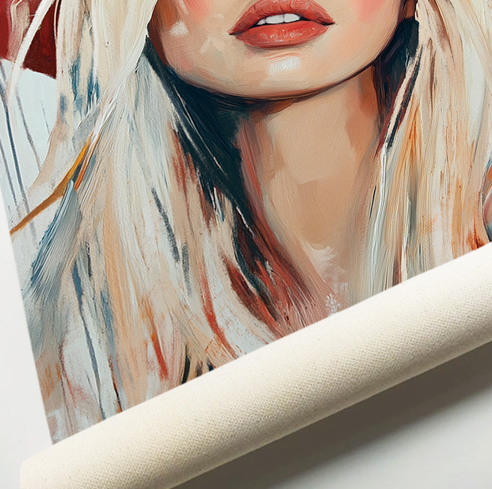 Red cowboy hat art print featuring a blonde woman in warm neutral and red tones