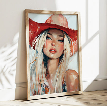 Red cowgirl wall art featuring a blonde woman wearing a bold red cowboy hat