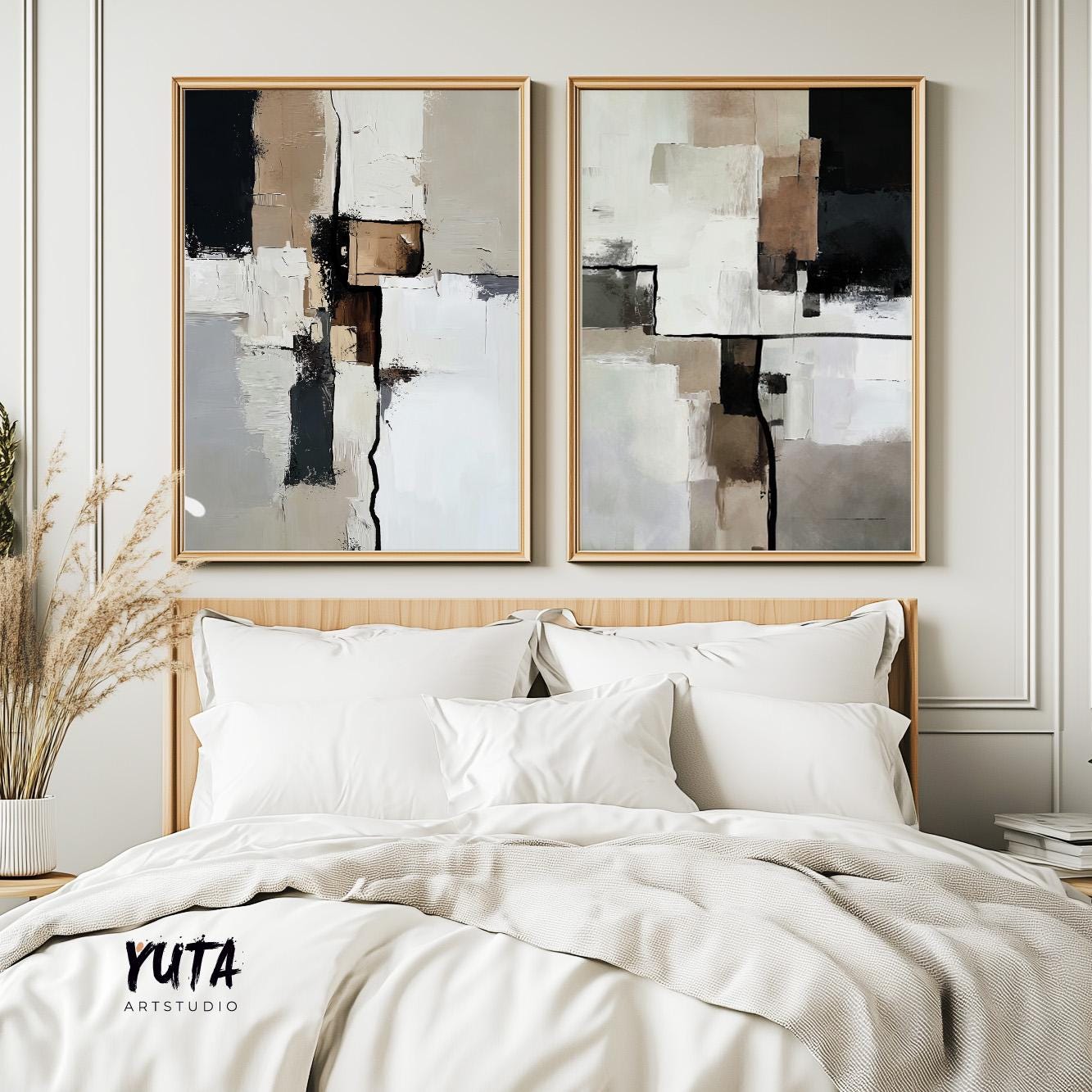 Minimalist abstract art prints featuring neutral color blocks and soft brush texture