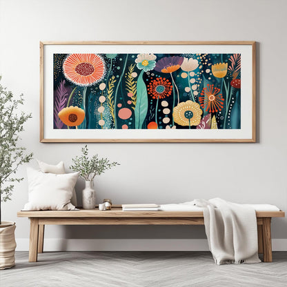 Panoramic abstract floral wall art in a natural wood frame shown above a low bench for scale