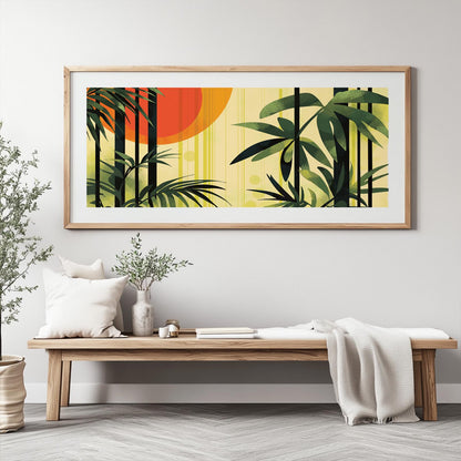 Horizontal tropical landscape artwork with lush green foliage and abstract sunset inspired by mid century design