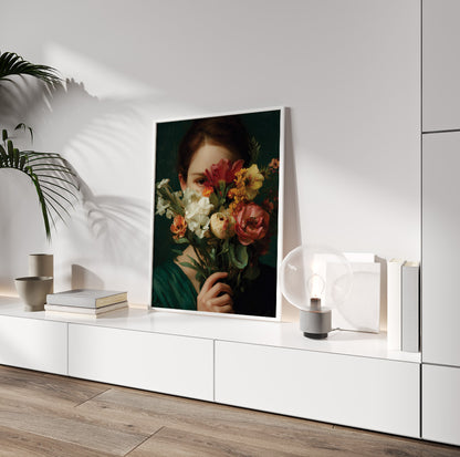 Romantic bouquet woman wall art with cream, coral, yellow and burgundy flowers in a painterly style