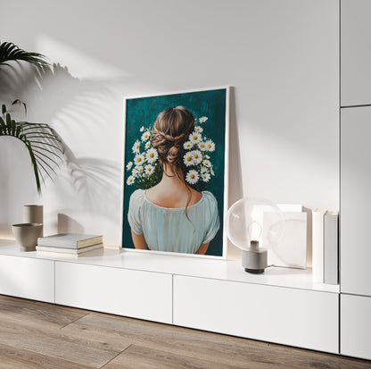 Romantic daisy woman portrait featuring a brunette in a white dress surrounded by blooming flowers