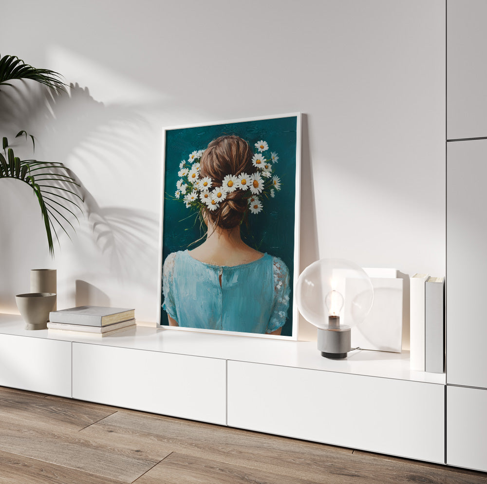 Romantic daisy woman portrait featuring a brunette with white wildflowers woven around her hair
