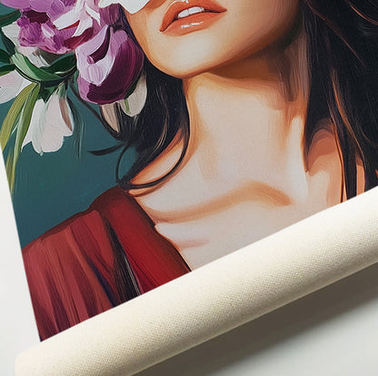 Romantic floral female wall art featuring an elegant woman surrounded by colorful oversized flowers