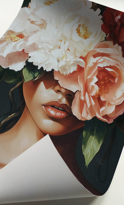 Romantic floral woman art featuring a feminine portrait with soft pink and white flowers