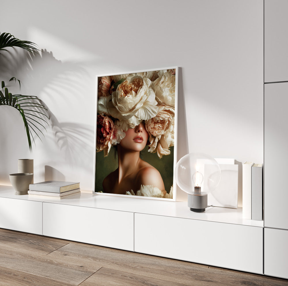 Romantic floral woman wall art featuring a female portrait surrounded by lush cream and blush flowers