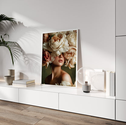 Romantic floral woman wall art featuring a female portrait surrounded by lush cream and blush flowers