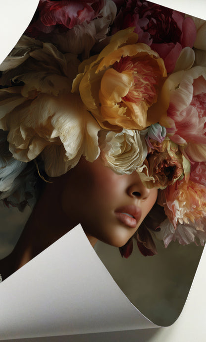 Romantic floral woman wall art featuring a dramatic female portrait with abundant peony blooms