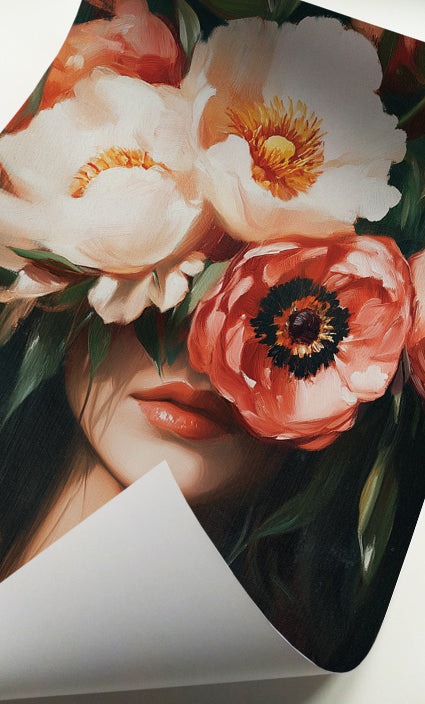 Romantic floral woman wall art featuring a female portrait with large cream and coral blooms across her face