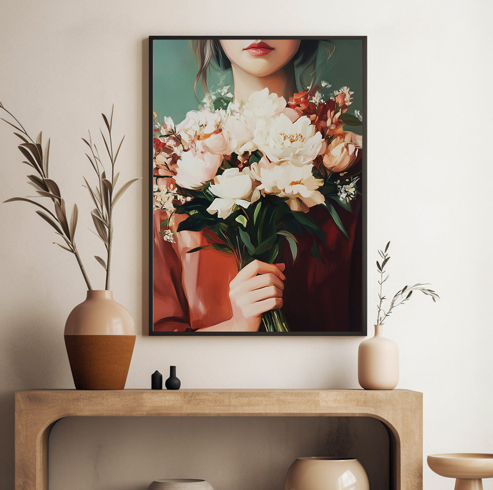 Romantic floral woman wall art with a soft painterly bouquet of cream and peach flowers