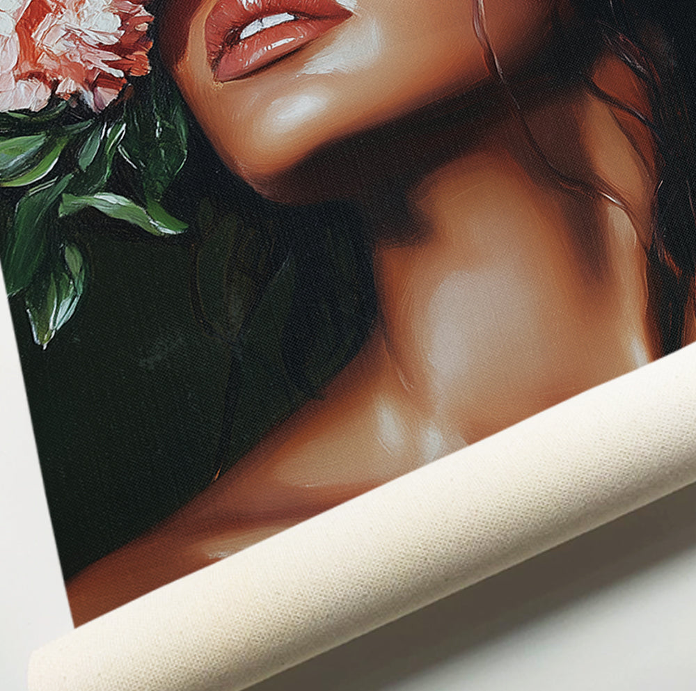 Romantic flower woman portrait featuring an elegant female figure surrounded by lush painterly peonies
