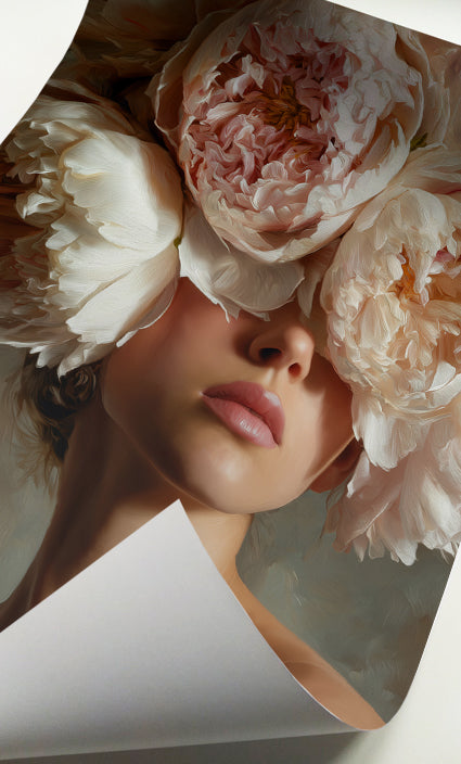 Romantic flower woman wall art featuring an elegant portrait with oversized soft pink flowers