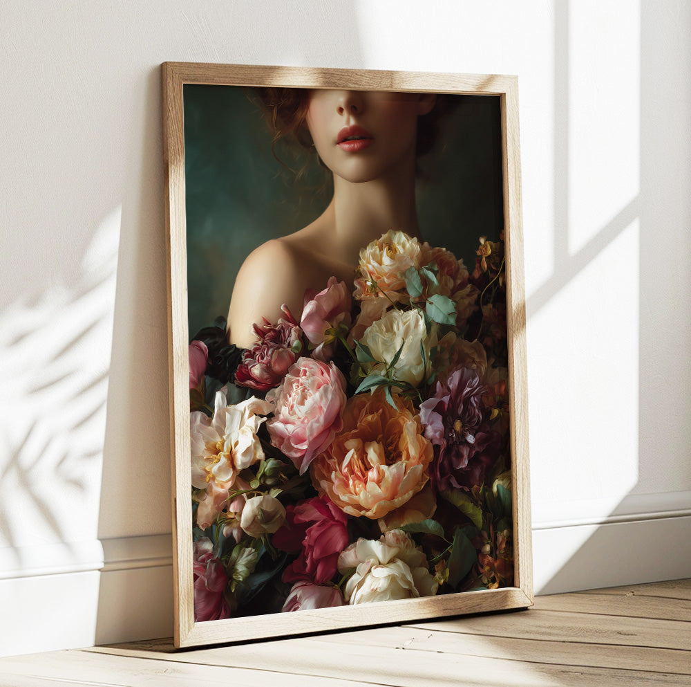 Romantic flower woman wall art featuring a feminine figure surrounded by an oversized floral bouquet