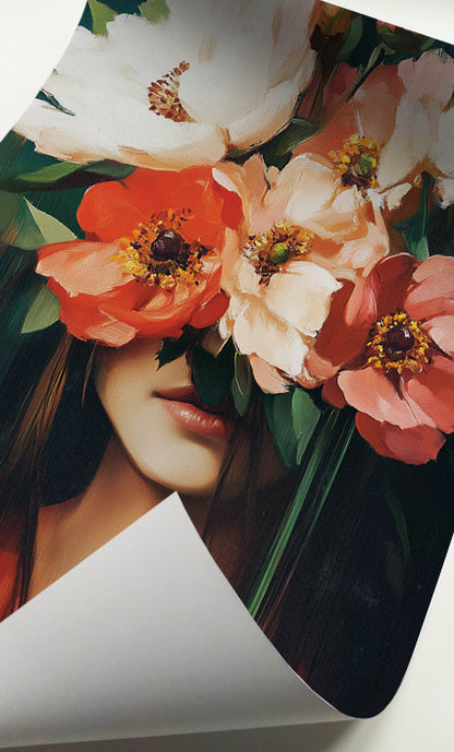 Romantic flower woman wall art featuring an elegant female portrait beneath oversized painterly blooms